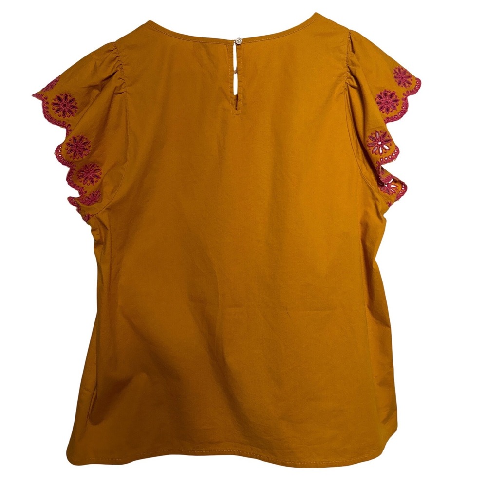 J. Crew Embroidered Flutter Sleeve Blouse Stretch Cotton Poplin Rough Amber Sz M - Picture 5 of 8